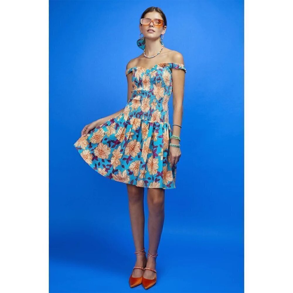 AUTUMN ADEIGBO Cassie Floral Smocked Bodice Fit & Flare Sundress Sea Green 12